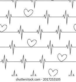 Seamless vector pattern with rhythm heart. Abstract love symbol. Cardiogram background with heart. Vector illustration pulse line heart ECG