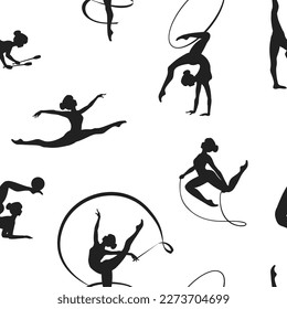 Seamless vector pattern of Rhythmic gymnastics girls silhouettes black on white