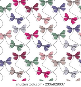 Seamless vector pattern. Ribbon bow icon. Line continuous drawing. Festive hand drawn illustration, holiday background. Wallpaper print, fabric, textile, wrapping paper, packaging, graphic design.