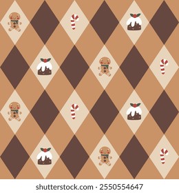 Seamless vector pattern in rich chocolate tones with jacquard-style diamonds featuring gingerbread men, Christmas puddings, and candy canes. A cozy, festive, playful design perfect for holiday decor.