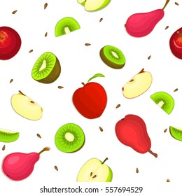 Seamless vector pattern of ripe apple kiwi pear fruit. White background with delicious juicy pears kiwifruit apples slice half. Vector fresh fruit Illustration for printing on fabric, textile design
