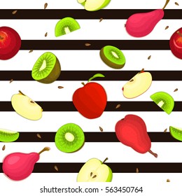 Seamless vector pattern of ripe apple kiwi pear fruit. Striped background with delicious juicy pears kiwifruit apples slice half. Vector fresh fruit Illustration for printing on fabric, textile design