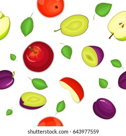 Seamless vector pattern of ripe apple and plum fruit. White background with delicious juicy plums and apples slice half leaves. Vector fresh fruit Illustration for printing on fabric, textile design.