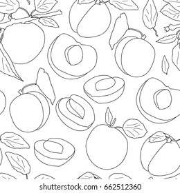 Seamless vector pattern of ripe apricots fruit. Illustration can used for printing on fabric, design packaging, adult coloring book