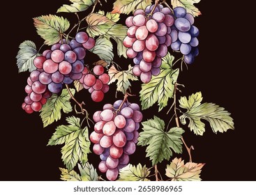 Seamless vector pattern with ripe grape bunches, leaves, and vines. Hand-drawn watercolor style. Ideal for wine labels, textiles, wallpapers, and packaging. Elegant, botanical, and vintage-inspired.