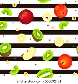 Seamless vector pattern of ripe kiwi apple fruit. Striped background with delicious juicy kiwifruit apple slice half. Vector fruits Illustration for printing on fabric textile, packaging