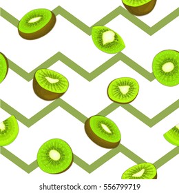 Seamless vector pattern of ripe kiwifruit. Striped zig zag background with delicious juicy green kiwi slice half leaves. Vector fresh fruit Illustration for printing on fabric textile design packaging