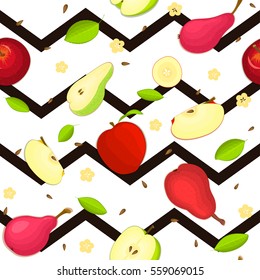 Seamless vector pattern of ripe pear, apple fruit. Striped zig zag background with delicious juicy pear apple slice half. Vector fruits Illustration for printing on fabric textile, packaging