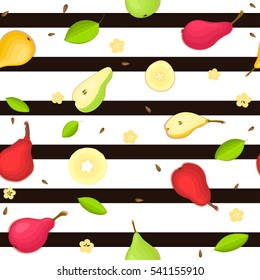 Seamless vector pattern of ripe pears fruit. Striped background with delicious juicy pears, whole, slice, half, slice, leaves. Illustration can used for printing on fabric, textile in design packaging