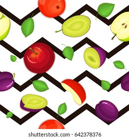Seamless vector pattern of ripe plum, apple fruit. Striped zig zag background with delicious juicy plums apple slice half. Vector fruits Illustration for printing on fabric textile, packaging