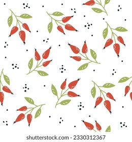 Seamless vector pattern. Ripe rosehip with leaves, sprigs of berries. Background for printing on products on white background 