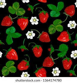 Seamless vector pattern with ripe strawberries, leaves and flowers.realistic hand drawing Kitchen design for paper, textiles, wallpaper, interior design. 