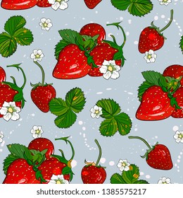 Seamless vector pattern with ripe strawberries, leaves and flowers.realistic hand drawing Kitchen design for paper, textiles, wallpaper, interior design,Food for menu, label, banner, tea or jam 