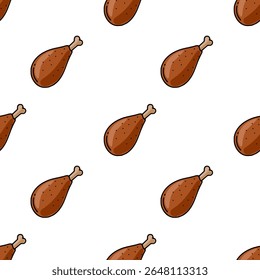 Seamless vector pattern of roasted chicken legs, featuring a hand-drawn style with brown tones and subtle detailing for a playful yet appetizing design.