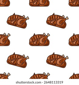 Padrão de vetor sem costura de frango assado com marcas de grelha, ilustração detalhada em marrom e branco, perfeito para embalagem de alimentos ou menus de restaurante.