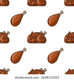 Padrão de vetor sem costura de frango assado e baquetas, apresentando um estilo desenhado à mão com tons marrons e beges, perfeito para projetos culinários ou temas de Ação de Graças.
