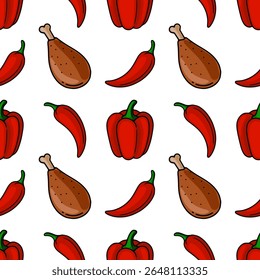 Padrão de vetor contínuo de baquetas de frango assado, pimentões vermelhos e pimentões chili, uma ilustração vibrante em um estilo de desenho à mão desenhado cartoon, perfeito para blogs de alimentos ou embalagens.