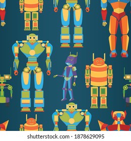 Seamless vector pattern with robots on a dark blue background. Vector robots.