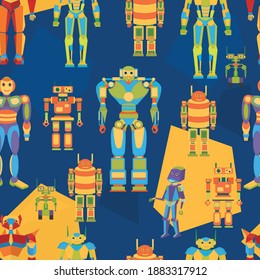 Seamless vector pattern with robots on a dark blue background. Vector robots.	