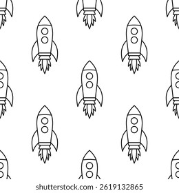Seamless vector pattern with rocket ship outlines. Cartoon rocket illustration repeating on a white background. Vector