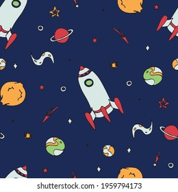 Seamless vector pattern with rockets and planets on blue background. Simple fun space travel wallpaper design for children. Decorative cartoon fashion textile.