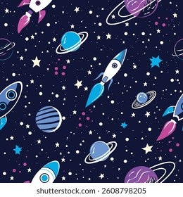 Seamless vector pattern with rockets, planets, stars, and space elements on dark background. Perfect for kids' designs, wallpapers, textiles, and educational materials