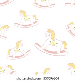 Seamless vector pattern with rocking horse for a baby girl. Perfect for wrapping paper, wallpaper, repeating elements, vintage design, notebook cover, fabric clothes design.