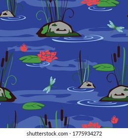 Seamless vector pattern with rocks and dragonfly's in bond. Simple lake wallpaper design on blue background. Cute water fashion textile.