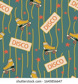 Seamless vector pattern with roller skate vintage style on green background. Retro fun repeat wallpaper design.
