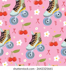 Seamless vector pattern with roller skate, cherry, and flowers. Pastel pink cute retro girly background.