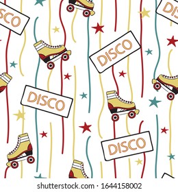 Seamless vector pattern with roller skates and stars on white background. Vintage disco wallpaper design. Retro party repeat print.