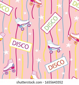 Seamless vector pattern with roller skates on pink background. Retro party wallpaper design with neon colours. Vintage disco repeat art.