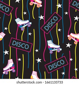 Seamless vector pattern with roller skates and stars on black background. Retro wallpaper design with neon colours. Fun lifestyle sport vintage fashion.
