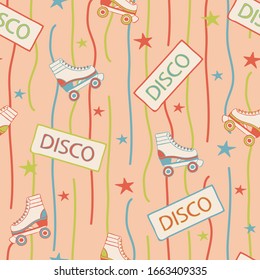 Seamless vector pattern with roller skates on pink background. Retro disco party repeat wallpaper design with stars. 