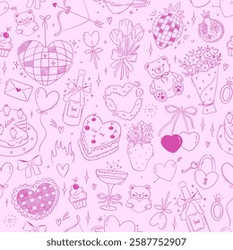 Seamless vector pattern with romantic doodle drawings in line art style. Coquette pink background for valentine's day, wedding, dating event. Cute texture with outline whimsical illustrations