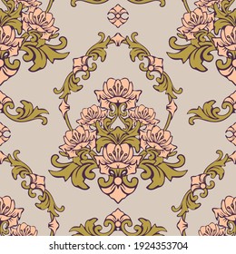 Seamless vector pattern with romantic flower on light blue background. Rococo floral wallpaper design. Decorative damask fashion textile.