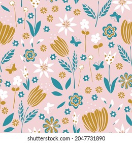 Seamless vector pattern with romantic flower garden on pink background. Simple cute floral wallpaper design. Decorative girly dream fashion textile.