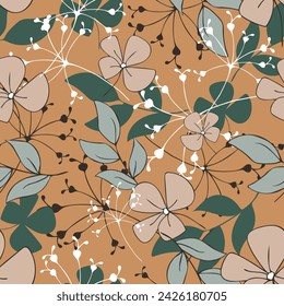 Seamless vector pattern with romantic flower meadow on brown background. Vintage floral wallpaper design. Decorative busy forest fashion textile.