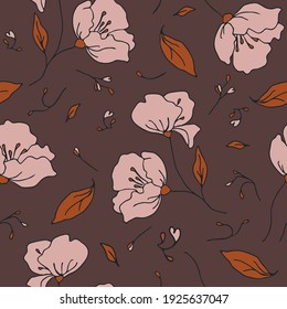 Seamless vector pattern with romantic flowers on dark brown background. Simple vintage floral wallpaper design. Decorative flower meadow fashion textile texture.