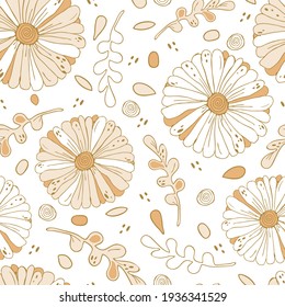 Seamless vector pattern with romantic flowers on white background. Gentle floral wallpaper design with daisy's. Flower meadow fashion textile line art.