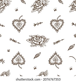 Seamless vector pattern - Romantic hand-drawn Boho elements on white with hearts, arrows, roses - for wedding, St Valentine's Day, engage.