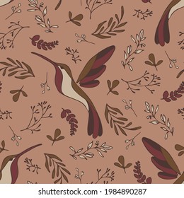 Seamless vector pattern with romantic hummingbirds on light pink background. Decorative vintage wallpaper design. Tropical bird fashion textile.