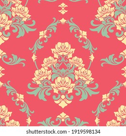 Seamless vector pattern with romantic lilies on pink background. Beautiful floral rococo wallpaper design. Victorian damask fashion textile.