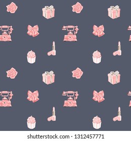 Seamless vector pattern with romantic objects in rose gold color.