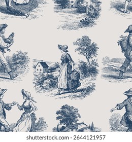 Seamless vector pattern with romantic pastoral scenes. Vintage engraving or ink drawing style vector illustration.