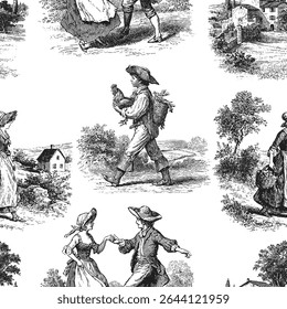 Seamless vector pattern with romantic pastoral scenes. Vintage engraving or ink drawing style vector illustration.