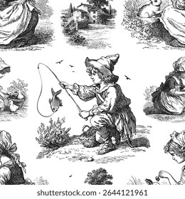 Seamless vector pattern with romantic pastoral scenes. Vintage engraving or ink drawing style vector illustration.
