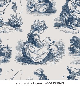 Seamless vector pattern with romantic pastoral scenes. Vintage engraving or ink drawing style vector illustration.