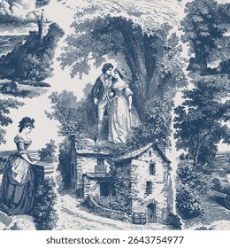 Padrão de vetor sem costura com cenas românticas e paisagens europeias com castelos, florestas, colinas e vales. Ilustração estilo de gravação vintage.