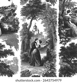 Padrão de vetor sem costura com cenas românticas e paisagens europeias com castelos, florestas, colinas e vales. Ilustração estilo de gravação vintage.